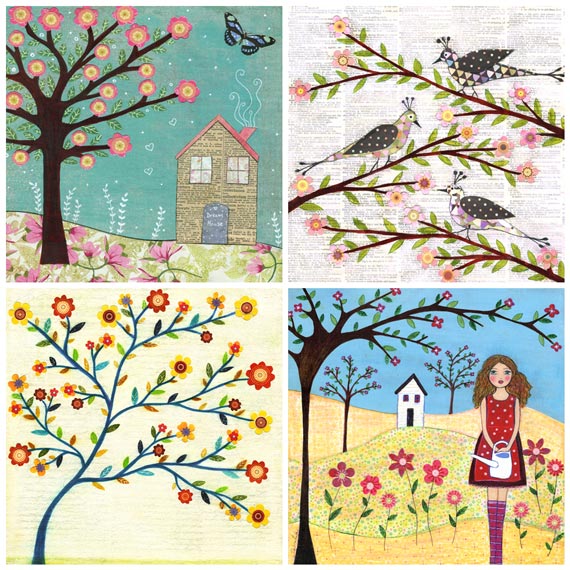 Art Print Set 5" By 5" - Flowers,birds And Houses